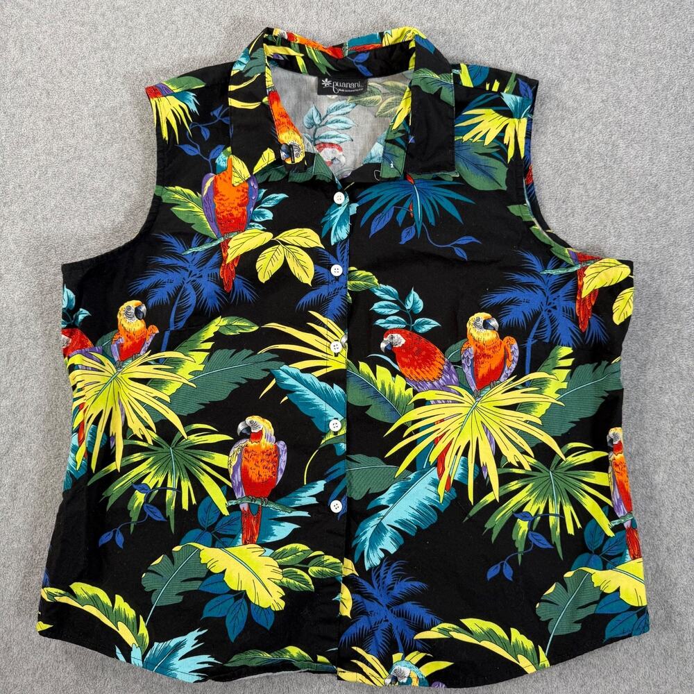 Puanani Hawaiian Parrot Tropical Top Women's XXL Sleeveless Button Down Vacation